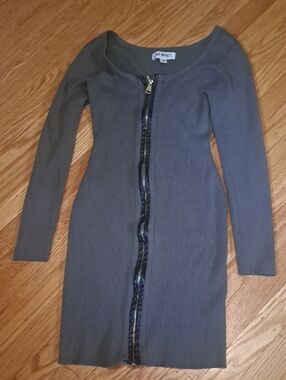 Say What? Charcoal Ribbed Zip-Front Long Sleeve Dress